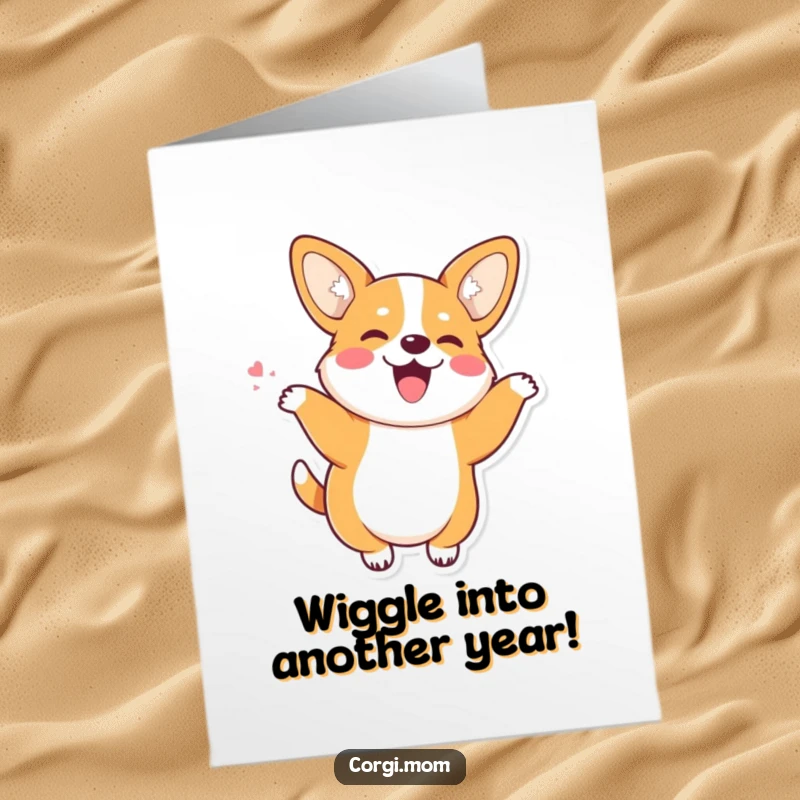 Funny Free Printable Birthday Card: Kawaii Corgi with perky ears doing a joyful wiggle dance, happy and celebratory.