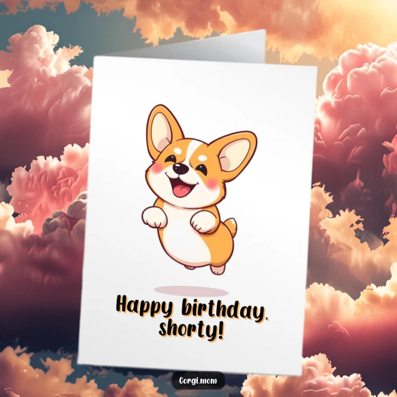 Funny Free Printable Birthday Card: Playful Corgi with big ears jumps low, celebrating a birthday with enthusiasm.