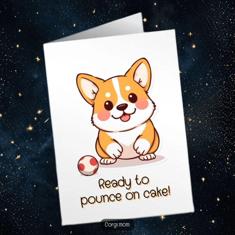 Funny Free Printable Birthday Card: A Kawaii Corgi in a low, determined squat, eyes fixed on an unseen toy.