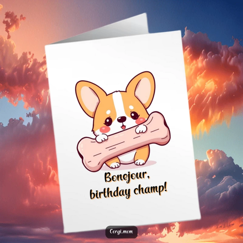 Funny Free Printable Corgi Birthday Card: Adorable pup peeks from giant bone, ready for celebration.