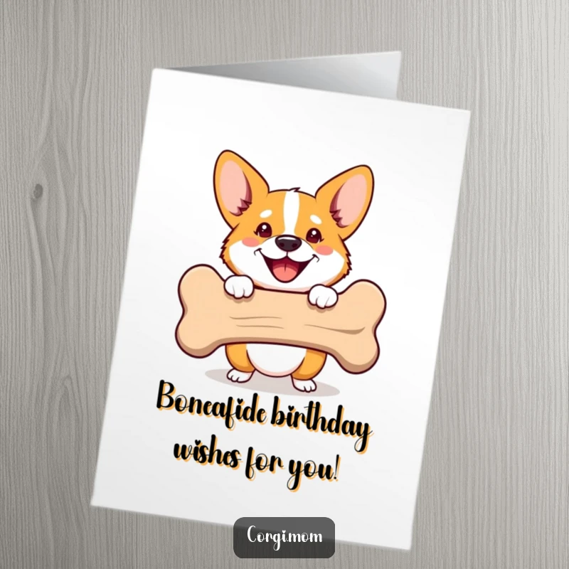 Funny Free Printable Birthday Card: Happy Corgi peeking mischievously from behind a large bone, delivering birthday wishes with joy.