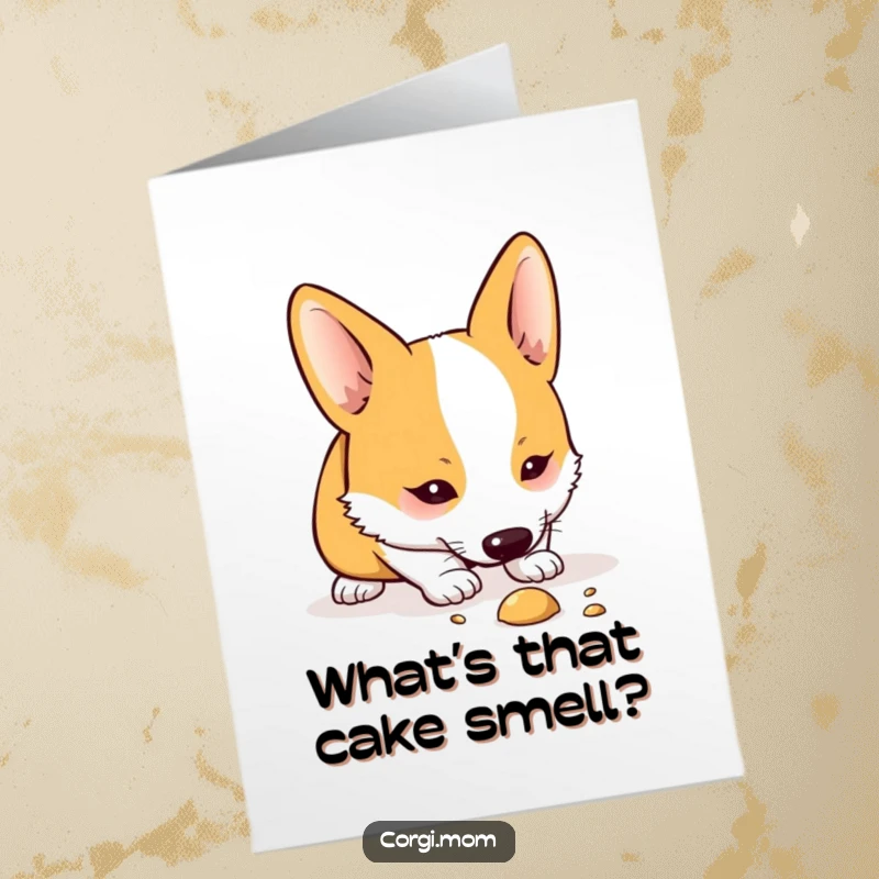 Funny Free Printable Birthday Card: Kawaii Corgi with nose to the ground, sniffing out birthday fun.