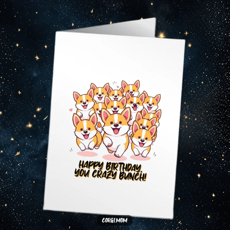 Funny Free Printable Corgi Birthday Card: A group of kawaii corgis running wildly in a happy, chaotic pack, bringing birthday cheer.