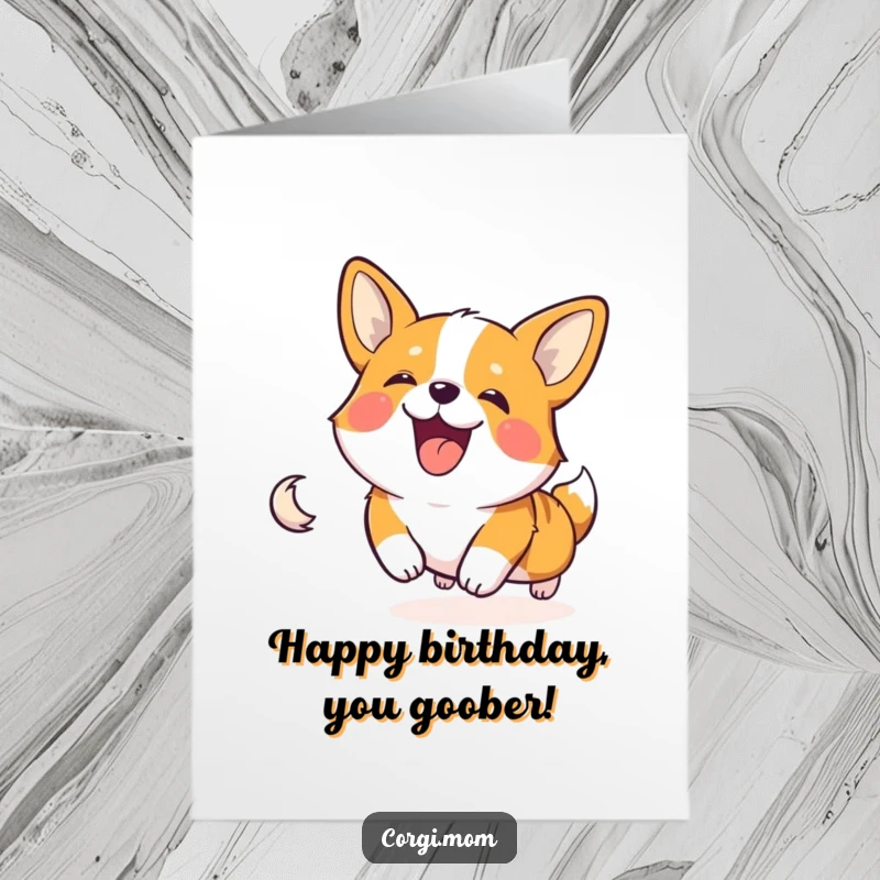 Funny Free Printable Birthday Card: Happy Corgi gleefully chases its own tail, celebrating a birthday with pure silliness.