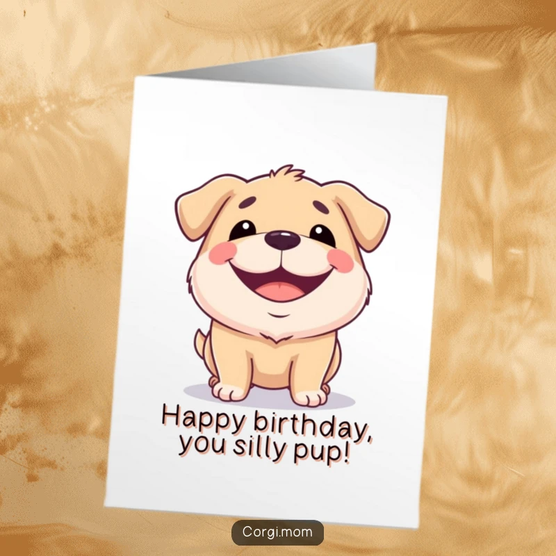 Funny free printable birthday card of a short, squat dog with a huge, happy, wide grin, radiating pure birthday excitement.