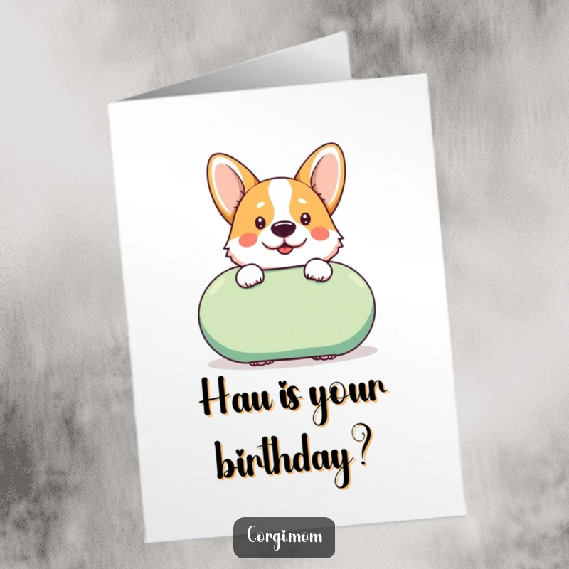 Funny Free Printable Birthday Card: A kawaii Corgi peeks cheekily from behind a giant squeaky toy, ready for fun.