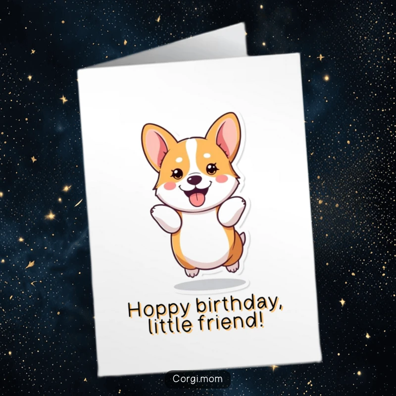 Funny Free Printable Birthday Card: A kawaii Corgi does a joyful hop with its short legs, radiating pure excitement.