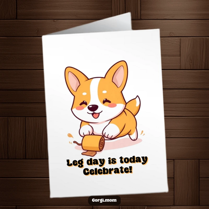 Funny free printable birthday card: A kawaii Corgi with stubby legs hilariously chases a rolling treat with pure joy.