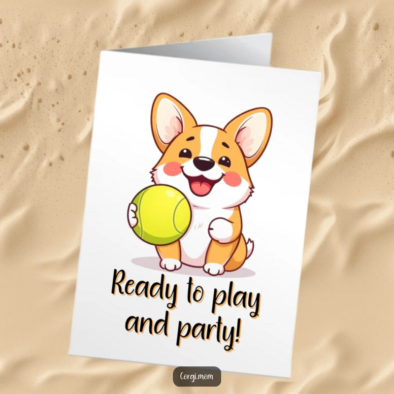 Funny Free Printable Birthday Card: A kawaii corgi with a cheerful grin, happily holding a tennis ball.