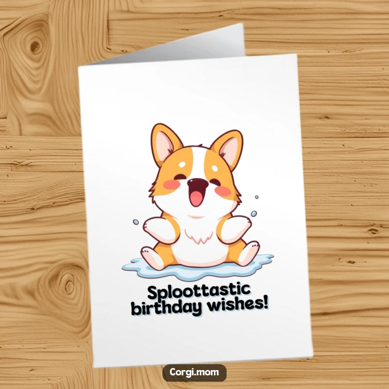 Funny Free Printable Corgi Birthday Card: A kawaii corgi hilariously splooting with legs splayed, ready to celebrate your special day.