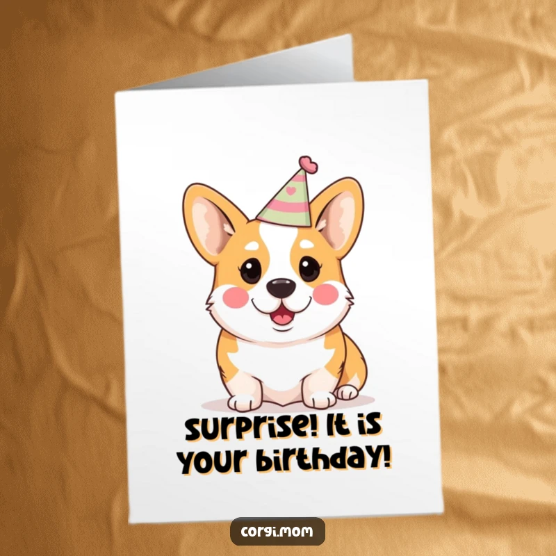 Funny Free Printable Birthday Card: A Kawaii Corgi wearing a small party hat looks utterly surprised, eyes wide.