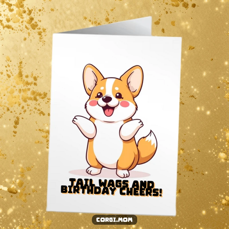 Funny Free Printable Birthday Card: Kawaii Corgi doing a happy tail shimmy, ready to party and bring smiles.