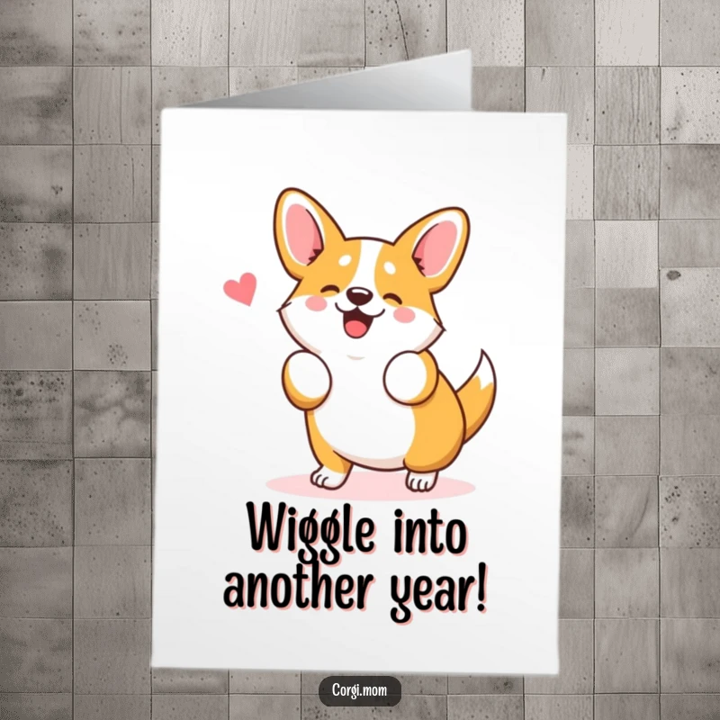 Funny Free Printable Birthday Card: Cute kawaii Corgi doing a hilarious wiggle dance, pure happiness in motion.