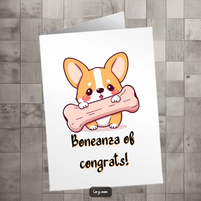 Funny Free Printable Corgi Congrats Card: Playful Corgi with big bone signifies a huge achievement.