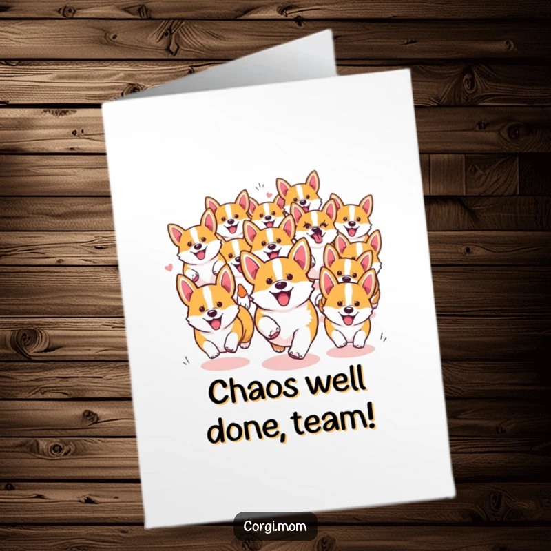 Funny Free Printable Corgi Congratulations Card: A pack of kawaii corgis running joyfully in a happy, chaotic tumble, celebrating success.