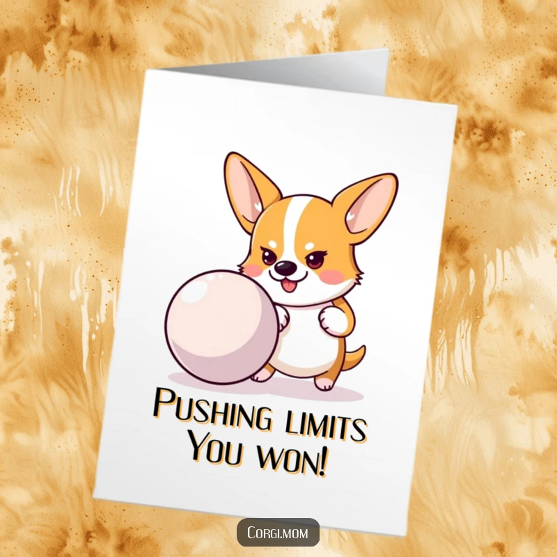 Motivating free printable congratulations card showing a determined Corgi focused on pushing a large bouncy ball, symbolizing hard work.