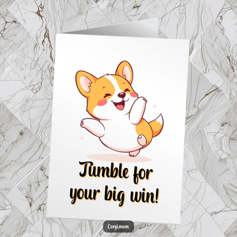 Free Printable Congratulations Card: A cute corgi doing a joyful and happy tumble, celebrating big wins with glee.
