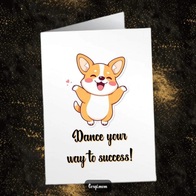 Funny Free Printable Congrats Card: Kawaii Corgi with perky ears doing a joyful wiggle dance, celebrating success, happy.