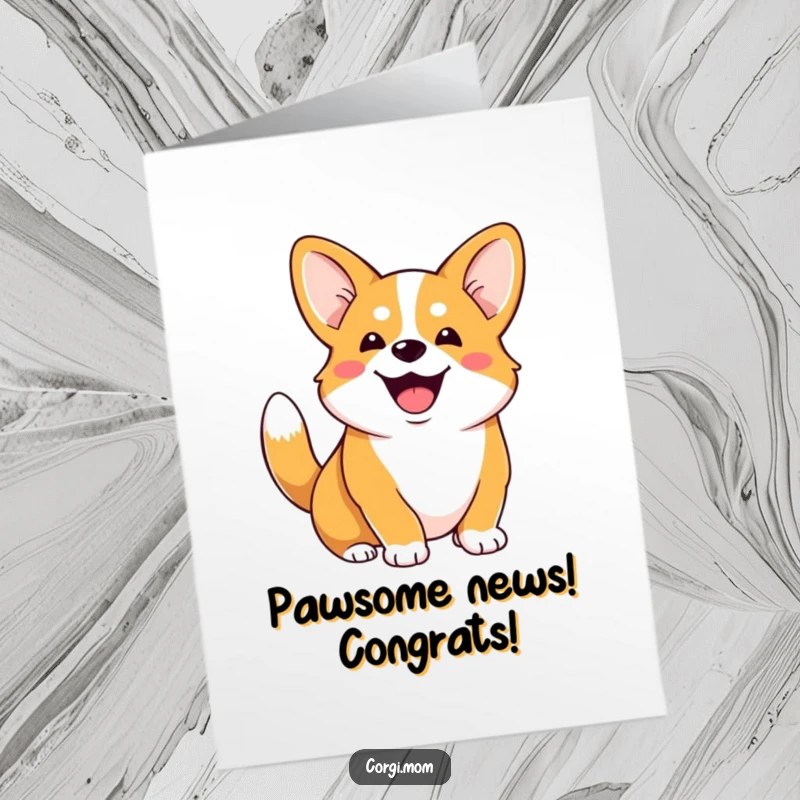 Funny Free Printable Corgi Congratulations Card: Happy dog with stubby tail wagging, celebrating your amazing success.