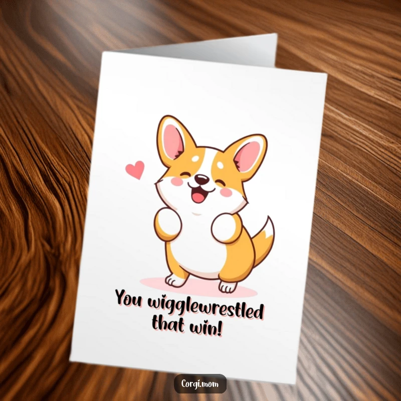 Funny Free Printable Congratulations Card: Kawaii Corgi performing a joyful wiggle dance to celebrate an achievement.