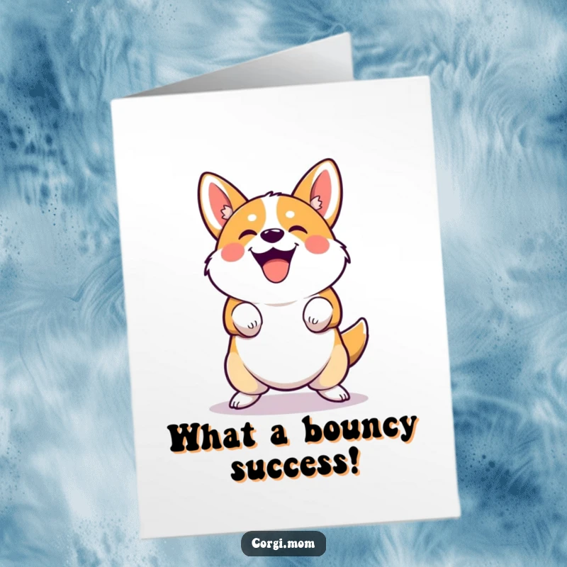 Funny Free Printable Congratulations Card: Cute Corgi character performing a joyful squatting bounce, celebrating achievements with infectious humor. A downloadable gift.