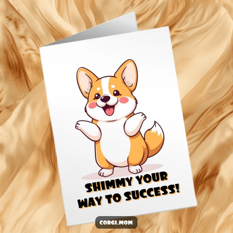 Funny Free Printable Congratulations Card: Adorable Kawaii Corgi doing a delightful tail shimmy, conveying pure happiness.