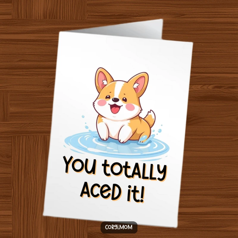Funny Free Printable Congratulations Card with an ecstatic Kawaii Corgi splashing happily in a puddle.