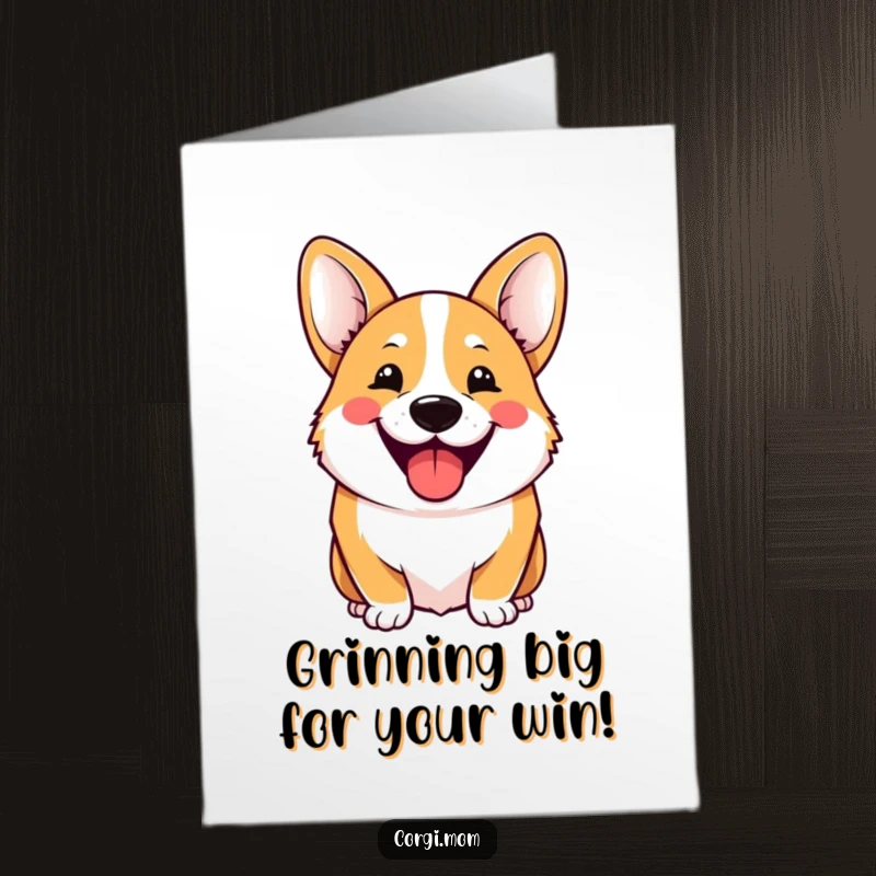 Funny Free Printable Congratulations Card of a kawaii corgi beaming with a wide, infectious, happy grin.