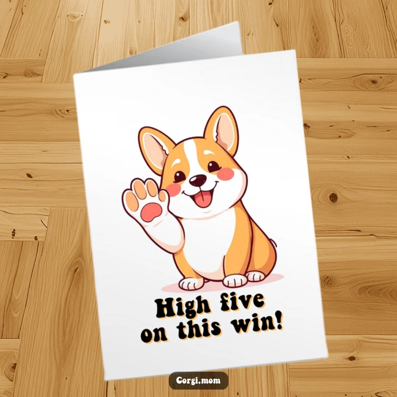 Funny Free Printable Corgi Congratulations Card: Dog offering a paw shake with a happy pant, cheering for your success.
