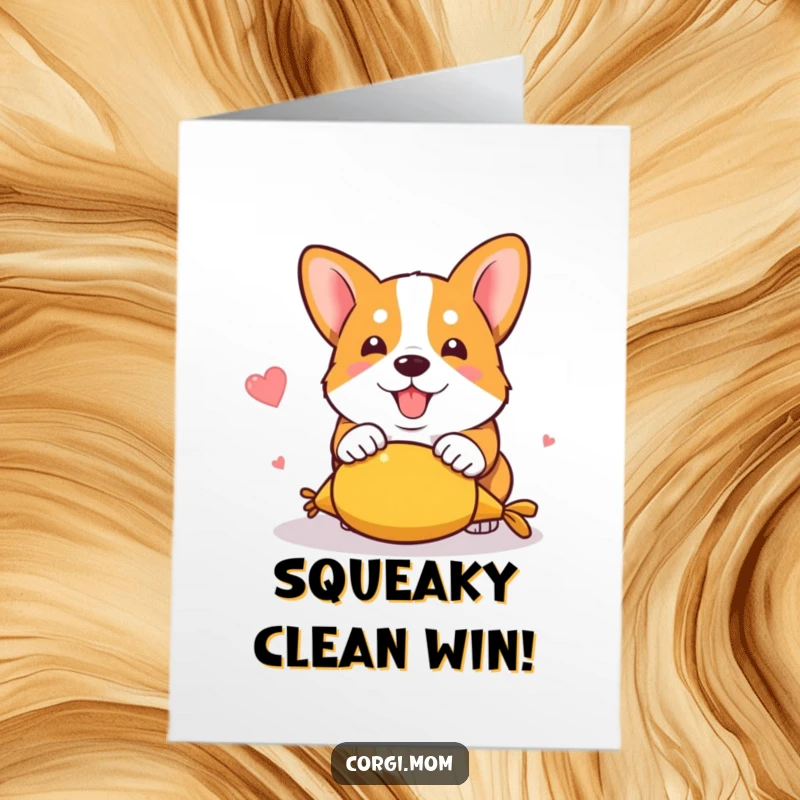 Funny Free Printable Congratulations Card: Adorable kawaii corgi pouncing with excitement on a squeaky toy, celebrating your victory.