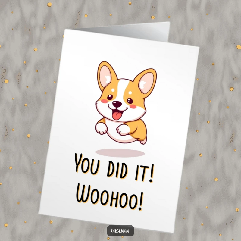 Funny Free Printable Congratulations Card: Adorable kawaii corgi running with gusto, celebrating your big win with pure excitement.