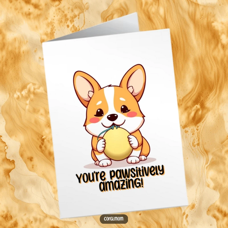 Funny Free Printable Congrats Card: Cute kawaii corgi presenting a slobbery ball, celebrating a major achievement with pure excitement.