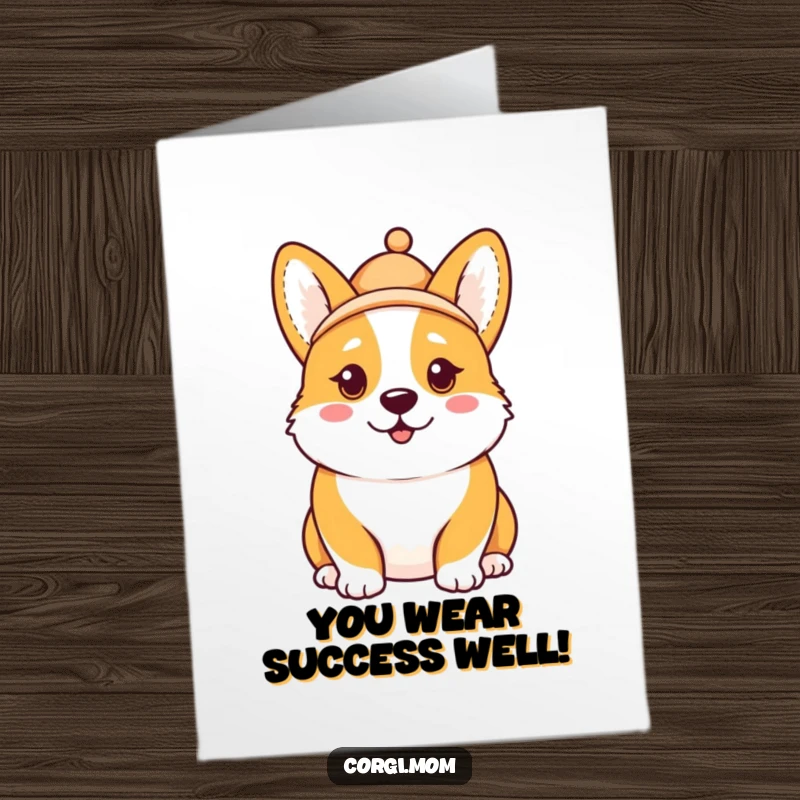Funny free printable congratulations card: A silly kawaii Corgi wears a miniature hat tilted comically, exuding pure, goofy delight.