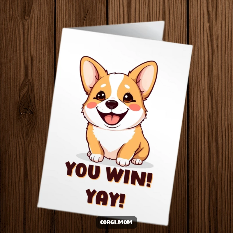 Funny Free Printable Kawaii Corgi Congrats Card: Panting dog with a huge, goofy smile, tongue lolling, celebrating your amazing achievement.