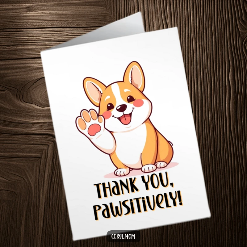 Funny Free Printable Corgi Thank You Card: Friendly corgi offering a paw with a happy pant, expressing heartfelt gratitude.