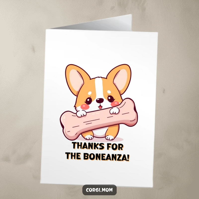 Funny Free Printable Corgi Thank You Card: Corgi peeks behind massive bone, expressing gratitude playfully.