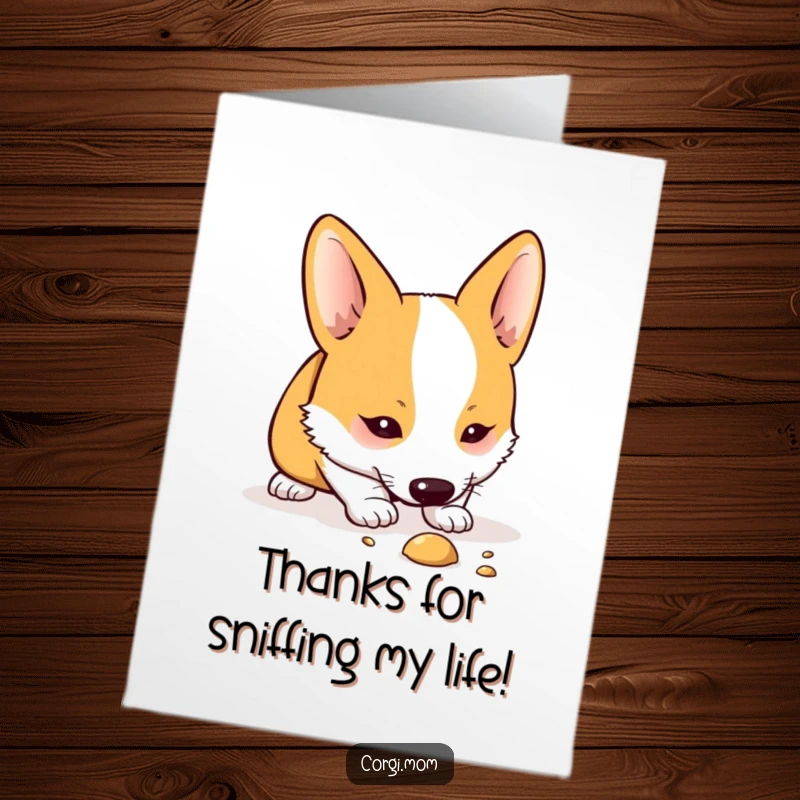 Funny Free Printable Thank You Card: A Kawaii Corgi focused on sniffing a fascinating spot on the ground.