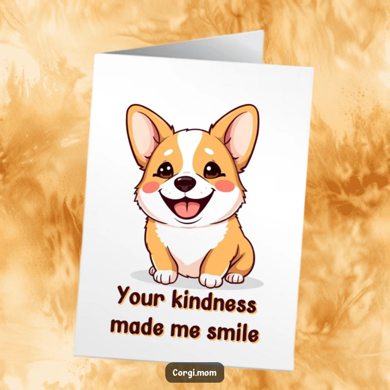 Funny Free Printable Kawaii Corgi Thank You Card: Panting dog with a huge, goofy smile, tongue out, expressing thanks with pure glee.