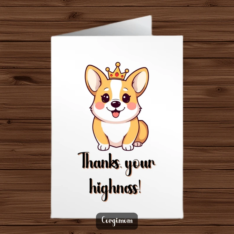 Funny Free Printable Thank You Card: A happy Corgi adorned with a small crown, offering thanks with cute, kingly charm.