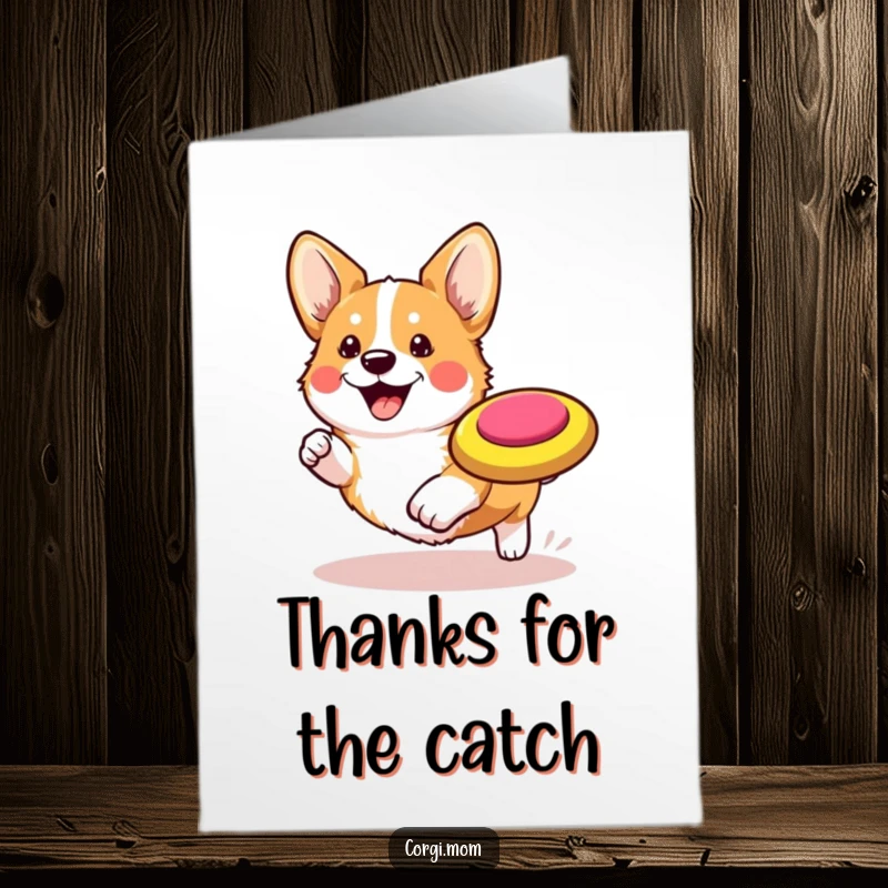 Funny Free Printable Thank You Card: A Kawaii Corgi enthusiastically chasing a brightly colored frisbee, full of glee.
