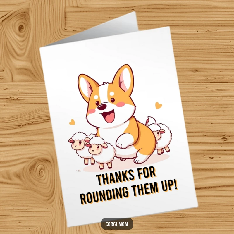Funny Free Printable Thank You Card: A kawaii corgi energetically herding unseen sheep, a cute way to show appreciation.