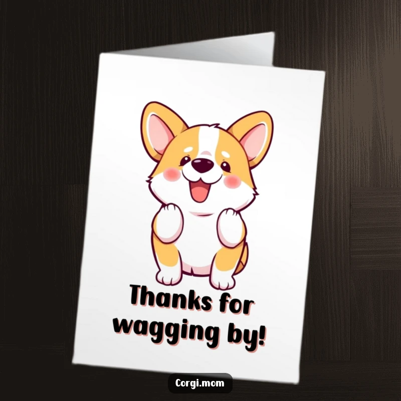 Funny Free Printable Thank You Card: A kawaii Corgi enthusiastically wiggles its stubby tail, a delightful way to say thanks.
