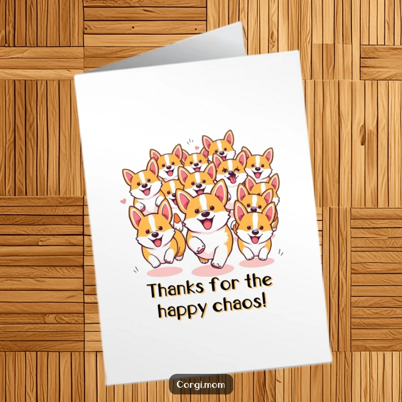Funny Free Printable Corgi Thank You Card: A happy pack of kawaii corgis running together, sending thanks with joyful chaos.