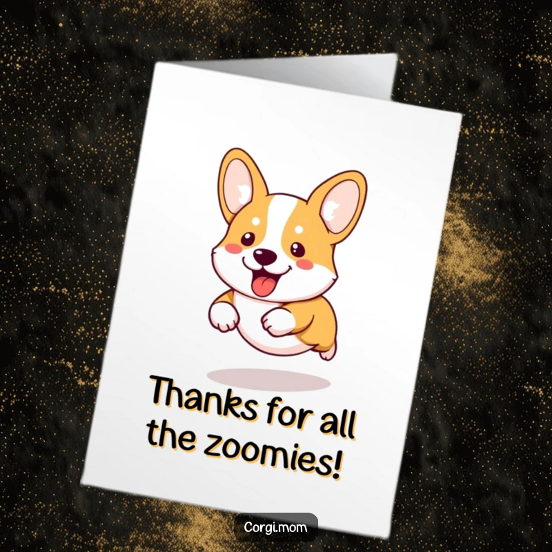 Funny Free Printable Thank You Card: Cute kawaii corgi running joyfully, showing gratitude with its energetic short legs.