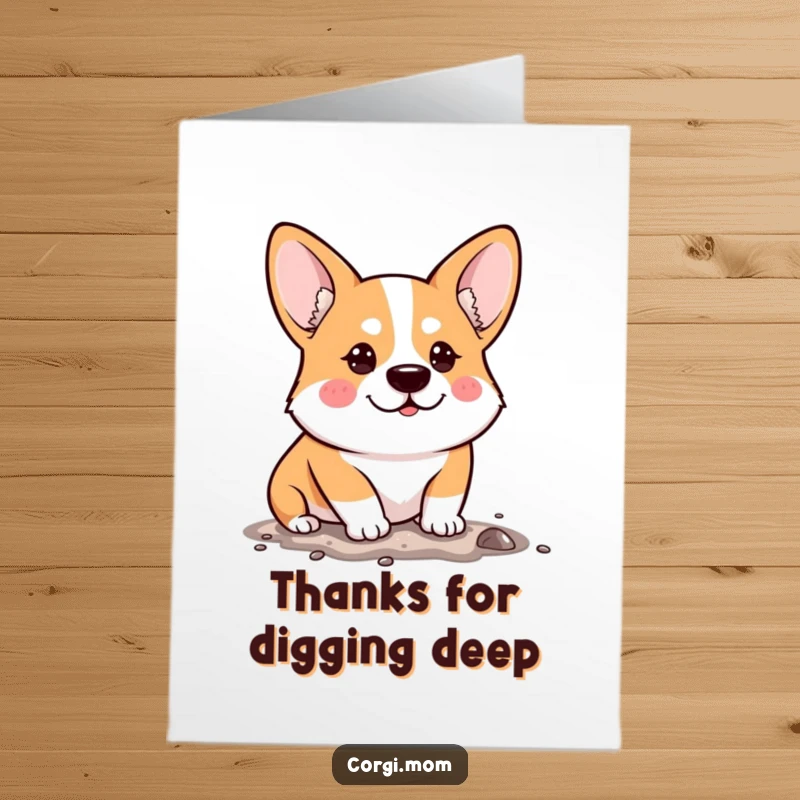 Funny Free Printable Thank You Card of a kawaii corgi with a determined face, digging with all its might.