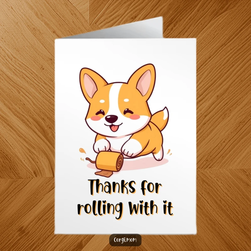 Funny free printable thank you card: A cute kawaii Corgi with comically short legs races enthusiastically after a rolling treat.