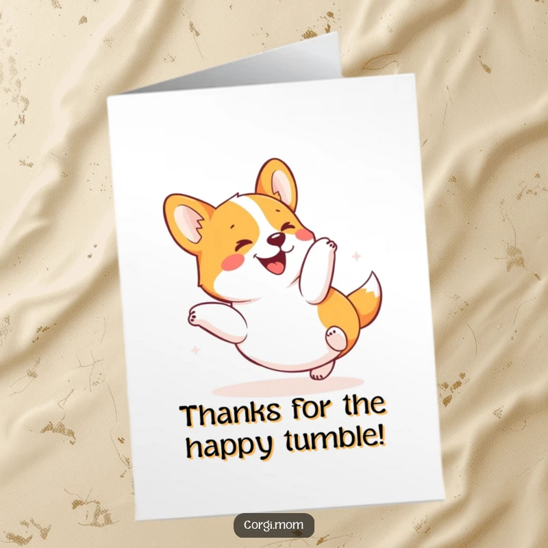 Funny Free Printable Thank You Card: A kawaii corgi in a joyful, happy tumble, expressing gratitude with pure fun.