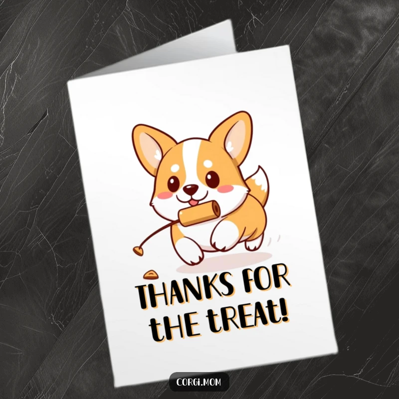 Funny Free Printable Thank You Card: A kawaii Corgi with a determined expression chases a rolling treat, a focused thank you.