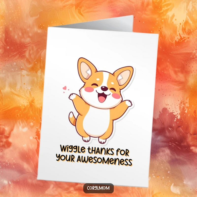 Funny Free Printable Thank You Card: Kawaii Corgi with perky ears doing a joyful wiggle dance, expressing thanks, happy.
