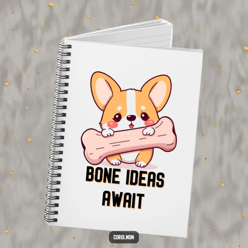 Funny Kawaii Corgi notebook, peeking with a playful glint behind a large bone, ideal for journaling, sketching, or note-taking.